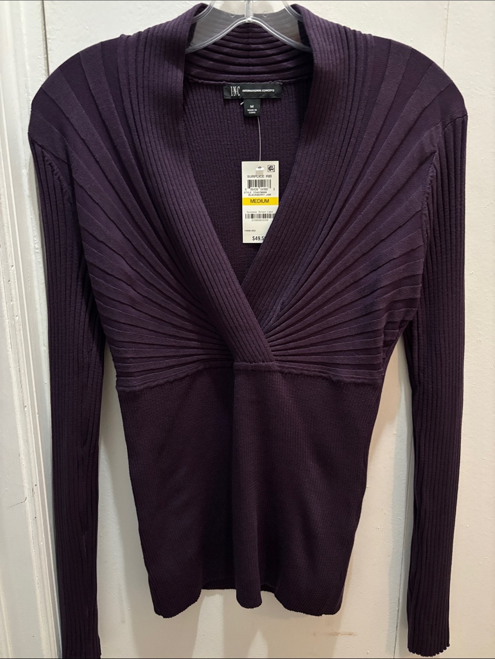 INC International Concepts Plum Ribbed V-Neck Sweater